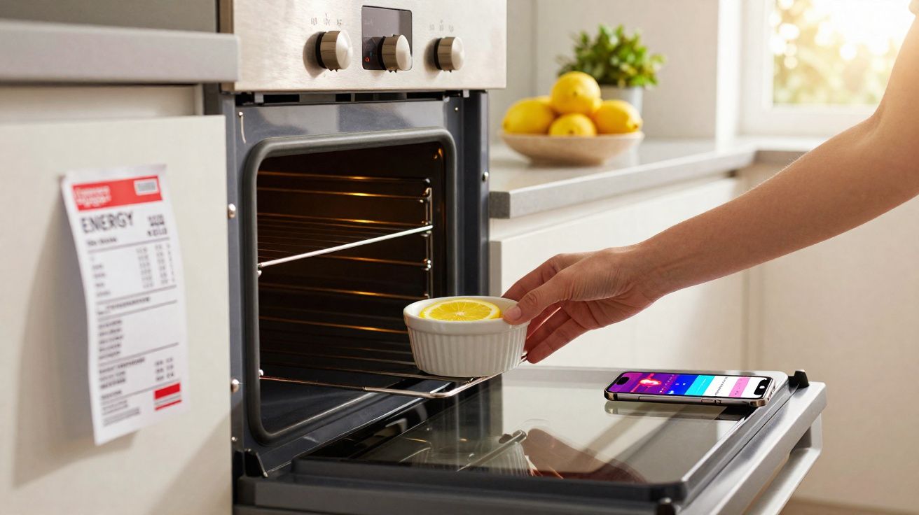 Hand placing a small ramekin with a lemon slice into an open oven in a modern kitchen.