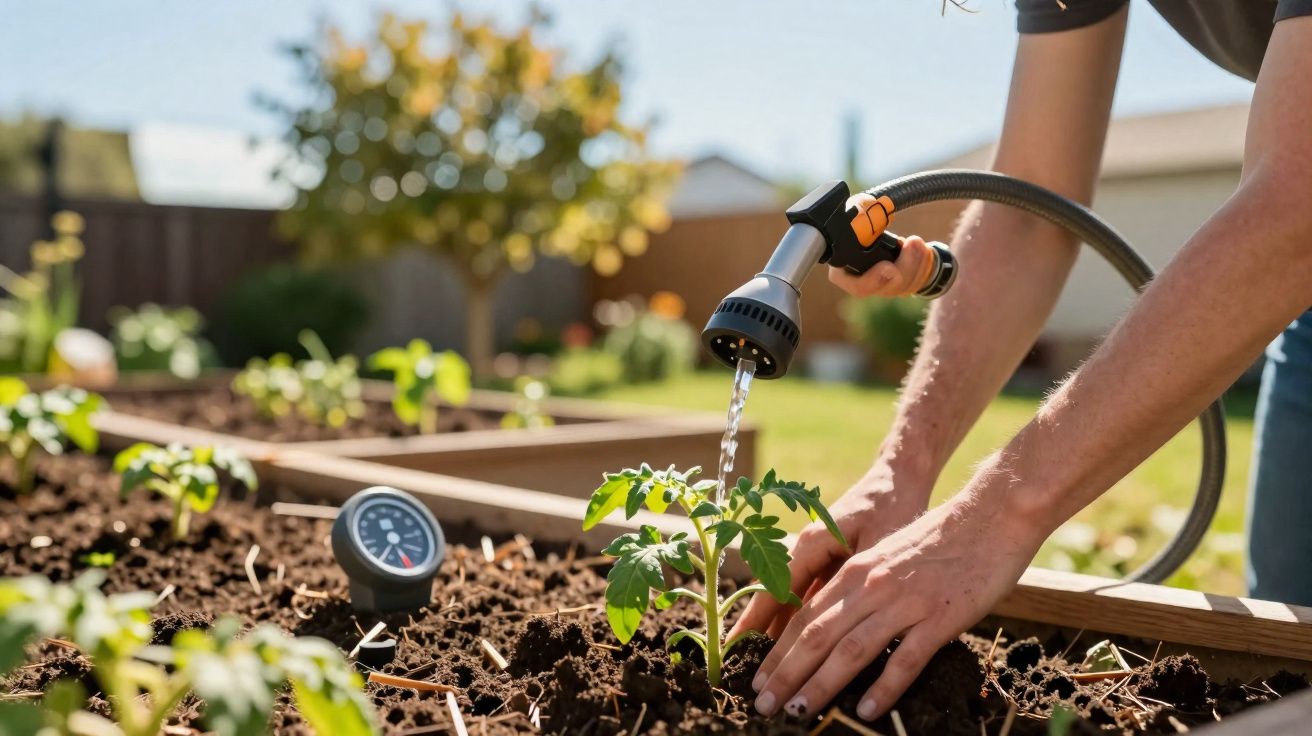 Person watering young tomato plant with garden hose in raised bed with soil moisture gauge nearby.