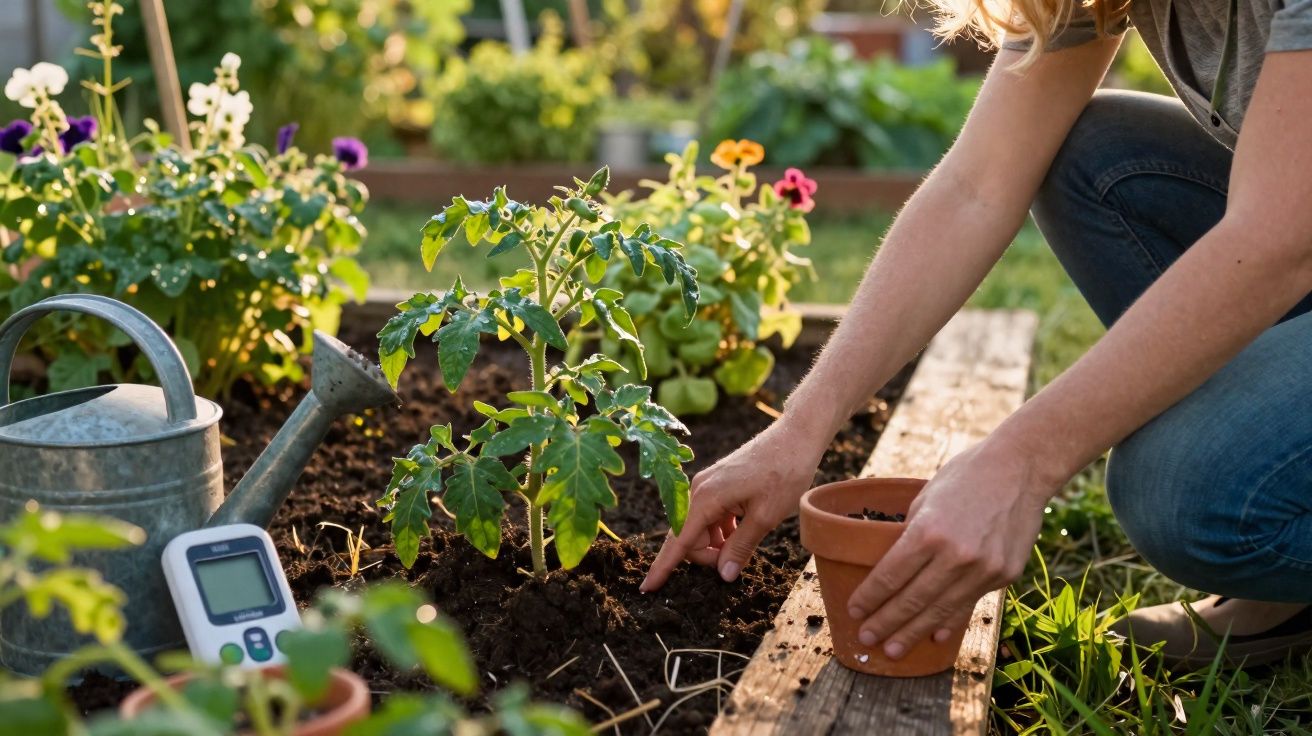 Person planting seeds in soil beside a young tomato plant in a sunlit garden bed with gardening tools nearby.