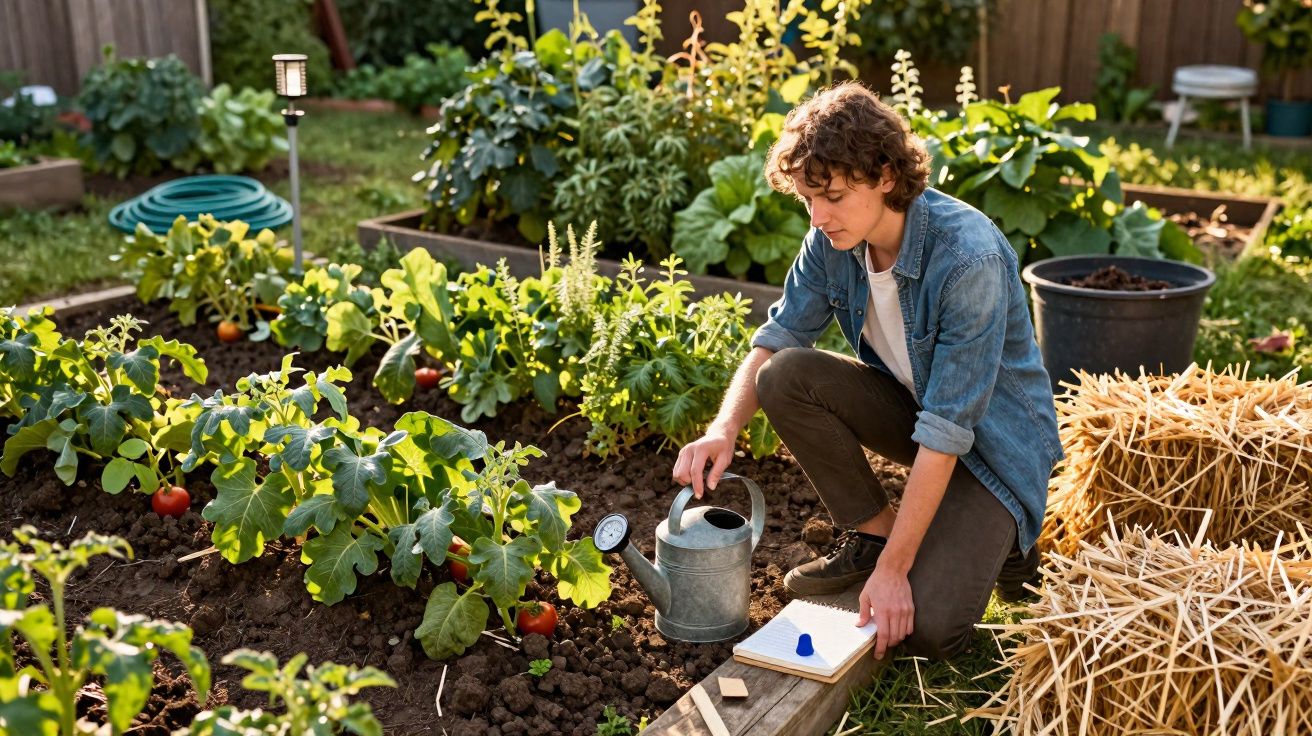 Person watering tomato plants in a garden while holding a notebook, surrounded by greenery and hay bales.