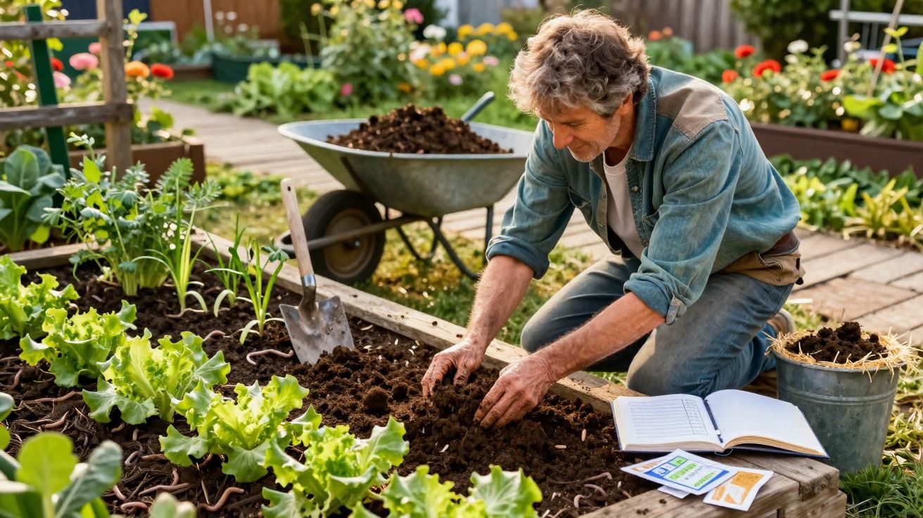 Man gardening in a vegetable bed, tending soil with gardening tools and notes nearby on a sunny day.
