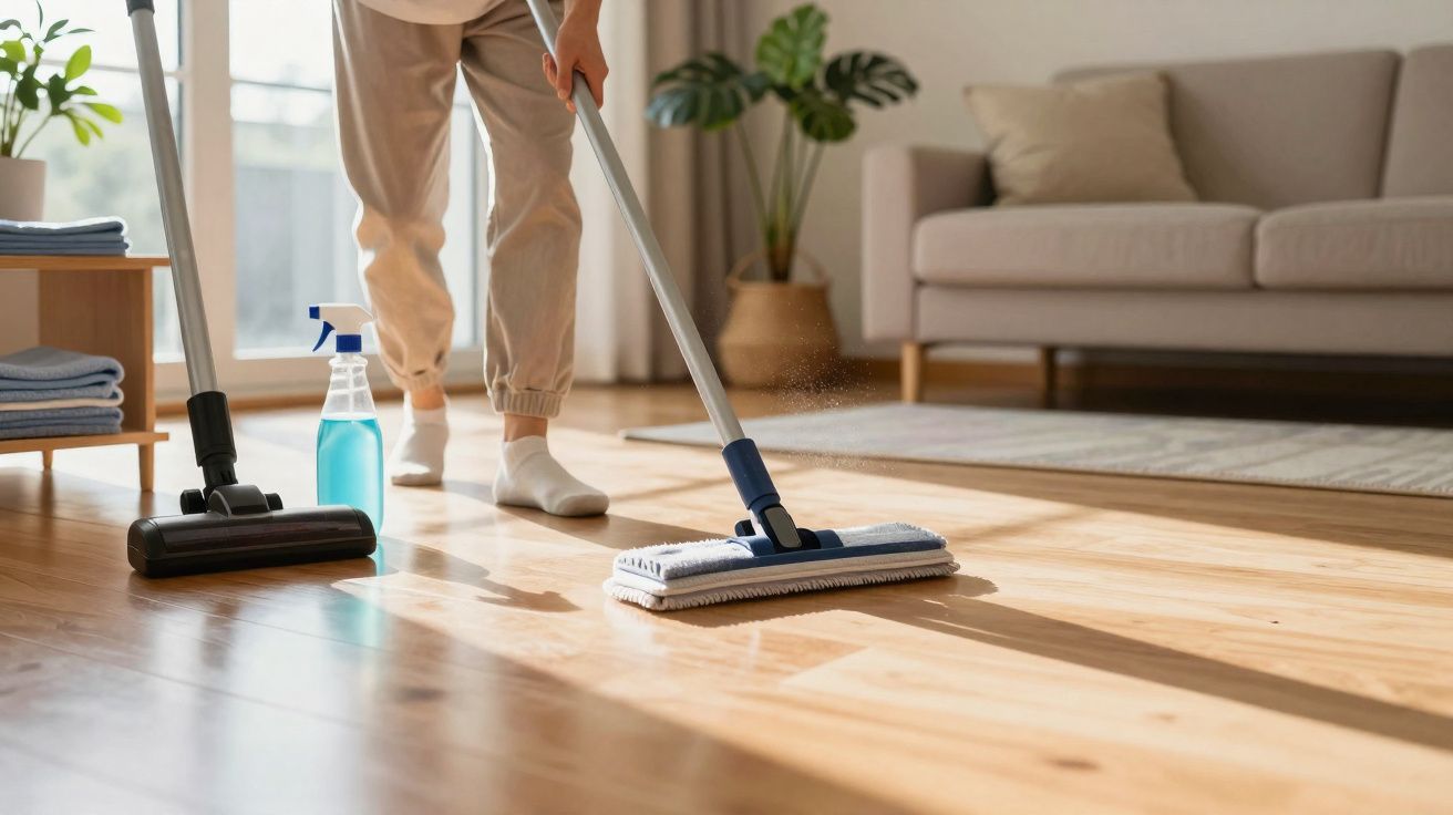 Person mopping a wooden floor in a sunlit living room with a spray bottle and vacuum nearby.