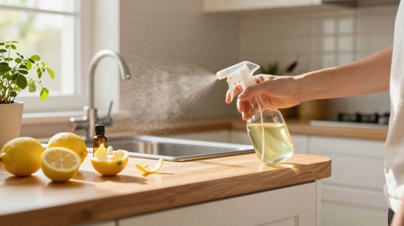 Hand spraying natural lemon cleaner on wooden kitchen counter with lemons and plant nearby