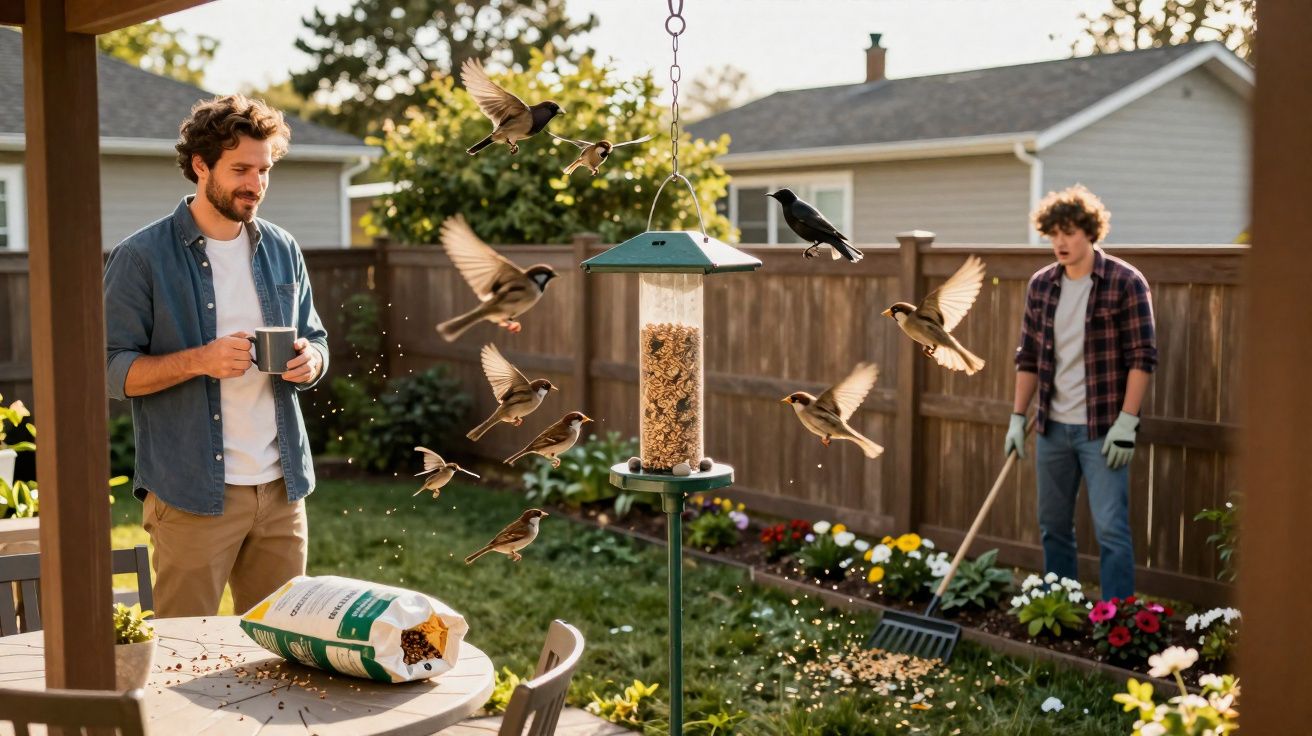 Two men in a garden feeding birds from a hanging feeder near a table with birdseed in the daylight.