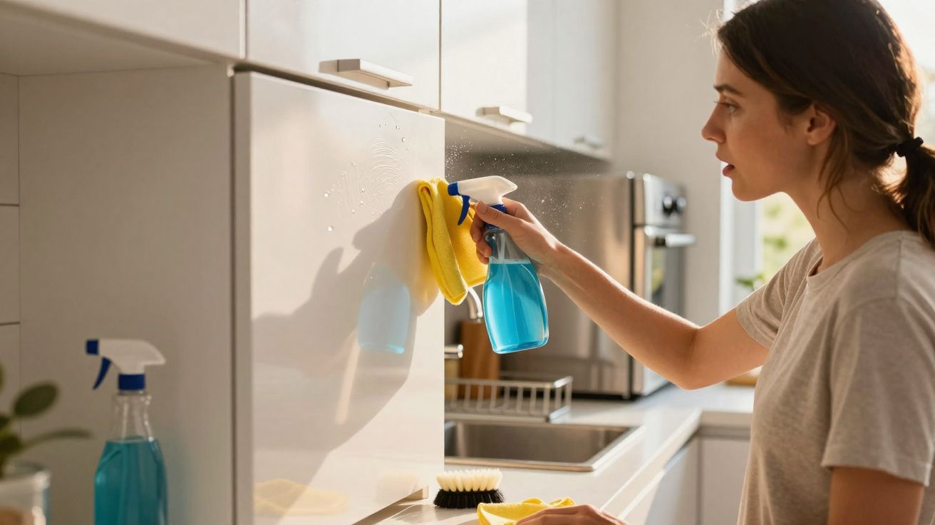 Woman cleaning kitchen cabinets with blue spray and yellow cloth in a bright, modern kitchen.