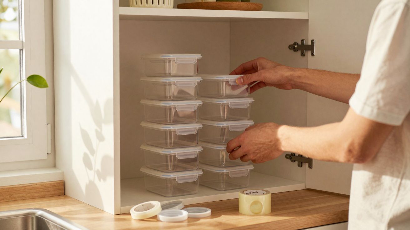 Person organising clear plastic food containers in a kitchen cupboard near a window with tape on the counter.