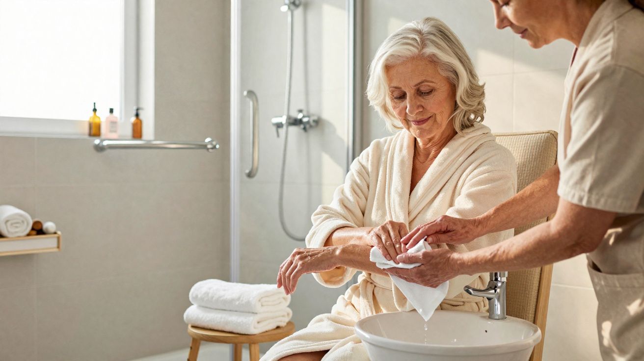 Caregiver helping elderly woman wash her hands in a bright, modern bathroom.