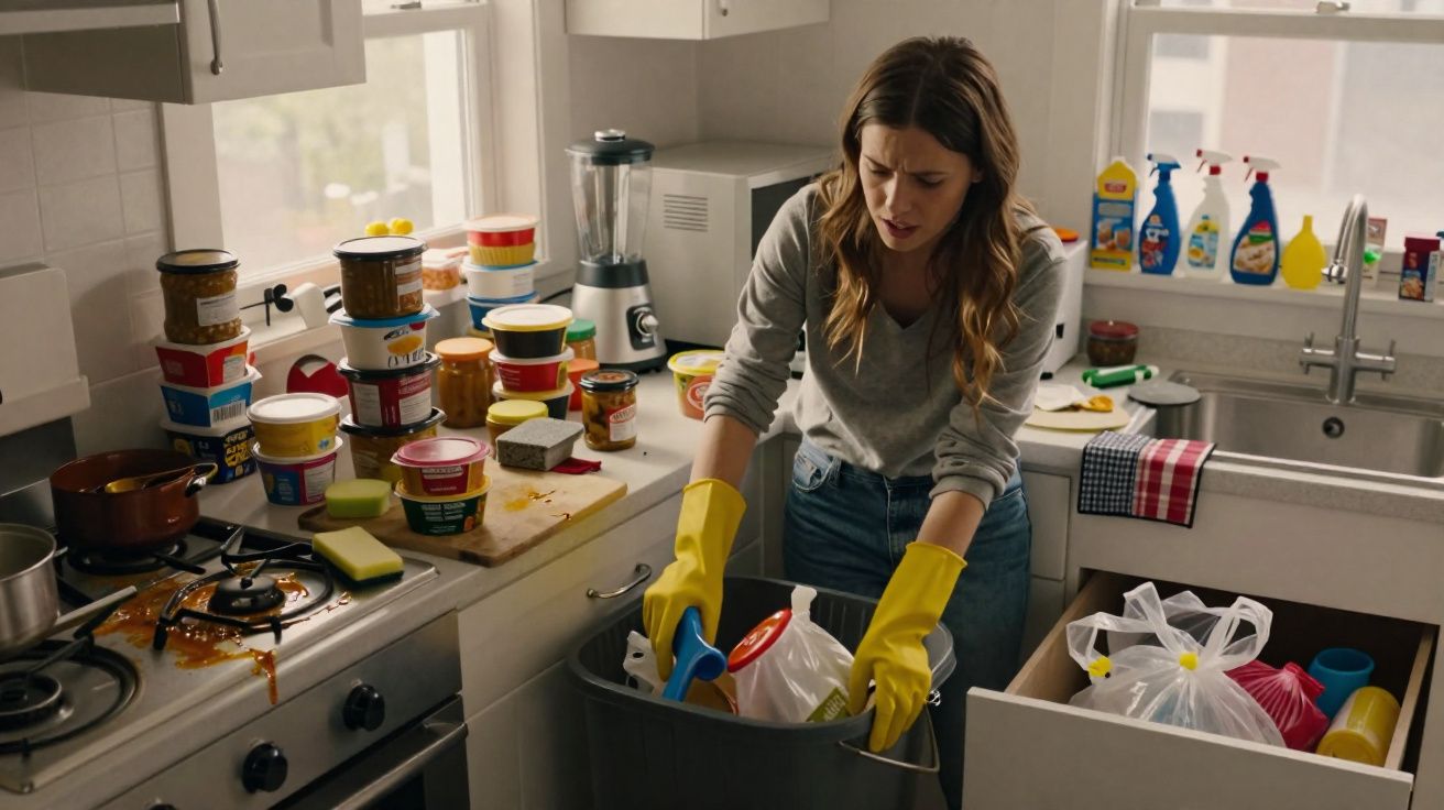 Woman wearing yellow gloves sorting rubbish in a messy kitchen with cluttered countertops and spillage on stove.
