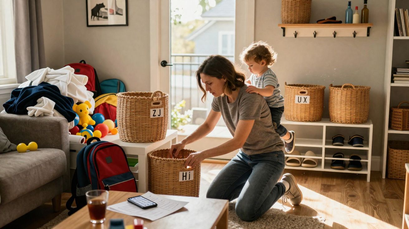 A woman kneeling and organising baskets while a toddler sits on her back in a sunlit living room.