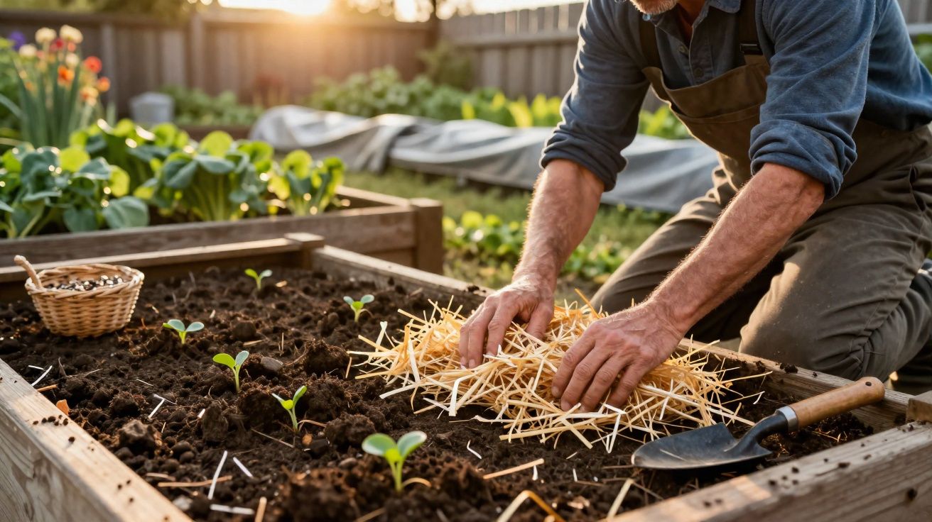 Person mulching soil around small seedlings in raised garden bed at sunset with gardening tools nearby