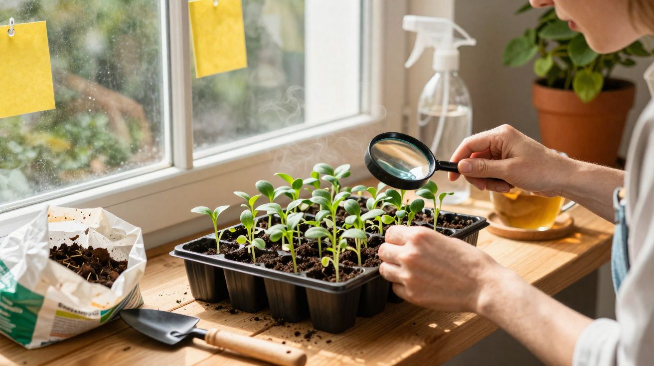 Person using a magnifying glass to inspect seedlings growing in a tray on a sunlit wooden windowsill.