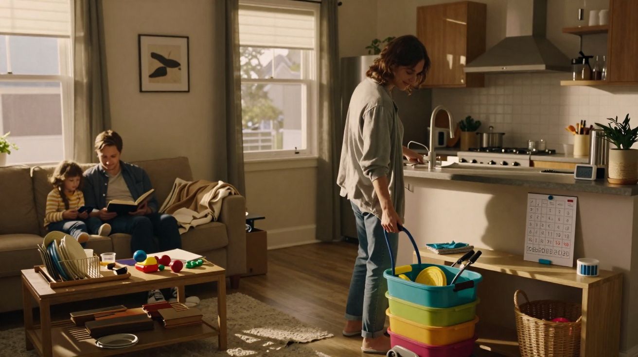 Man reading to child on sofa while woman loads dishwasher in kitchen of cosy modern home.
