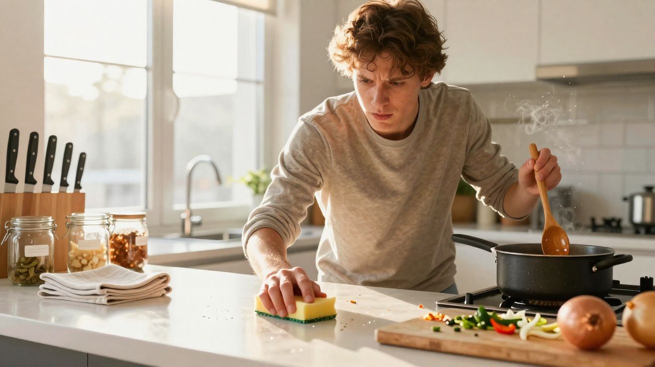 Young man cooking and cleaning kitchen counter with sponge in modern bright kitchen during daytime