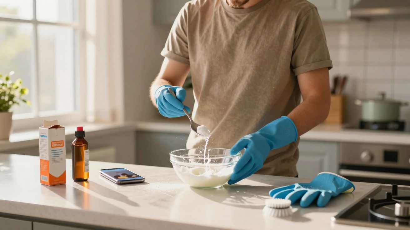 Person wearing blue gloves mixing ingredients in a glass bowl on a kitchen counter with cleaning supplies nearby