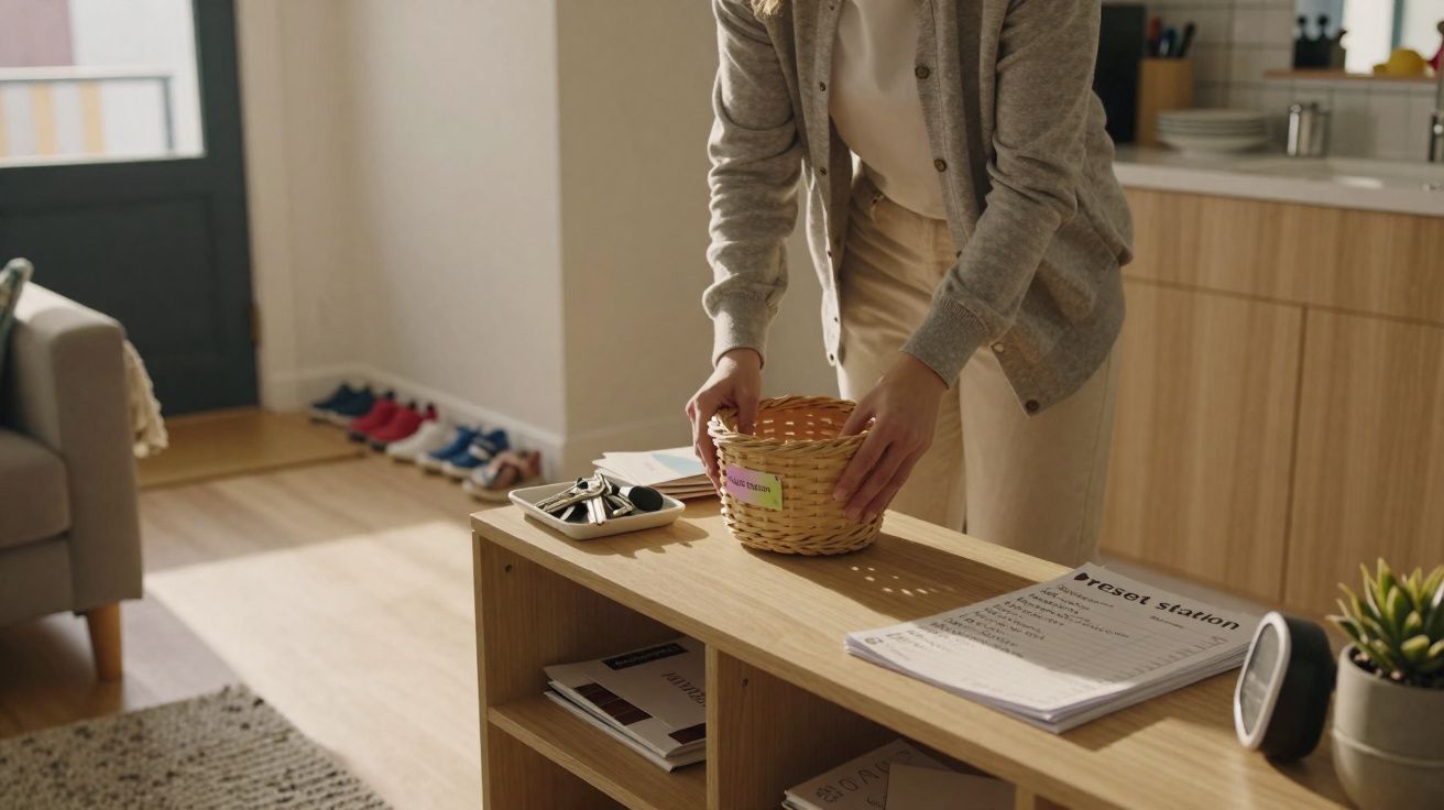 Person placing a small wicker basket on a wooden console table in a bright living room.