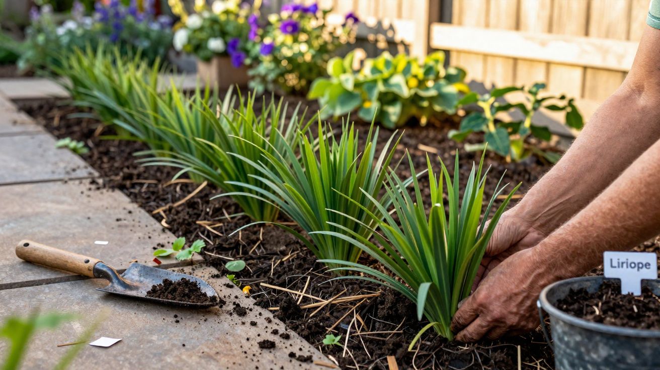 Hands planting liriope plants in a garden bed beside a paved walkway with a gardening trowel nearby.