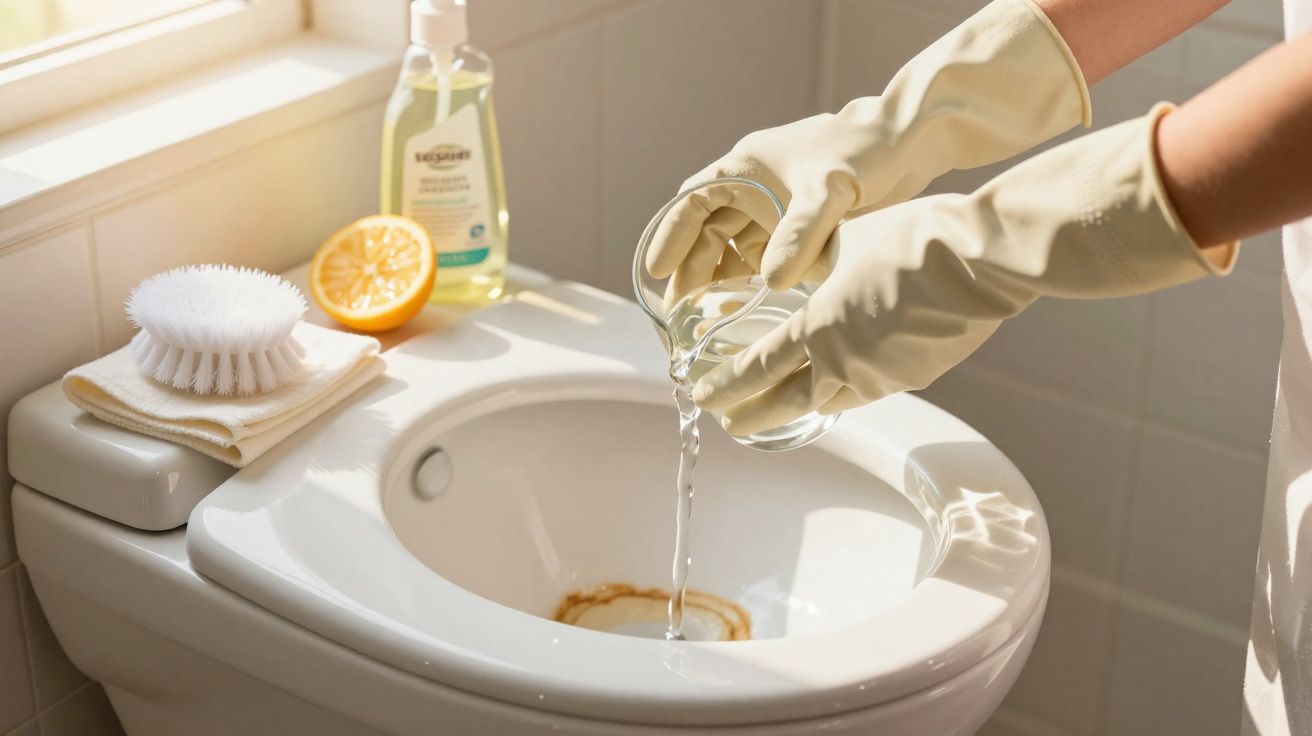 Hands wearing yellow gloves pouring liquid cleaner into a toilet bowl with cleaning brush and lemon nearby.