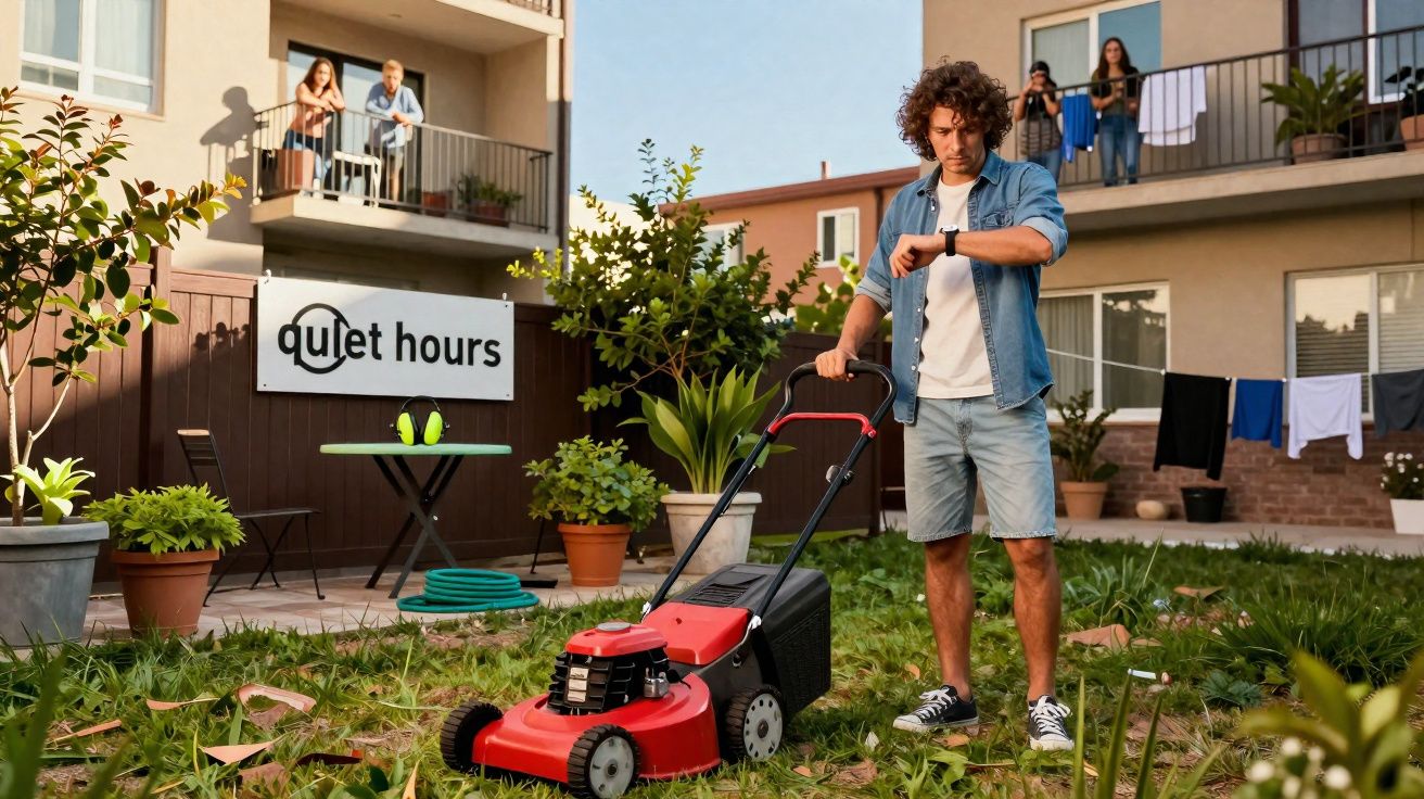 Man mowing lawn checking watch beside sign that says Quiet Hours with neighbours watching from balconies