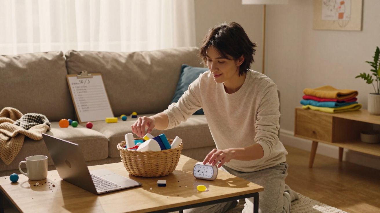 Person kneeling at a coffee table organising a basket of items next to a laptop and alarm clock in a cosy living room.