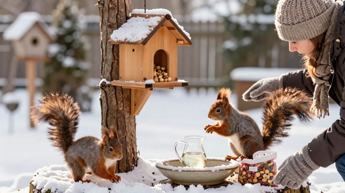 Two squirrels near a wooden bird feeder and a woman feeding them in a snowy garden.