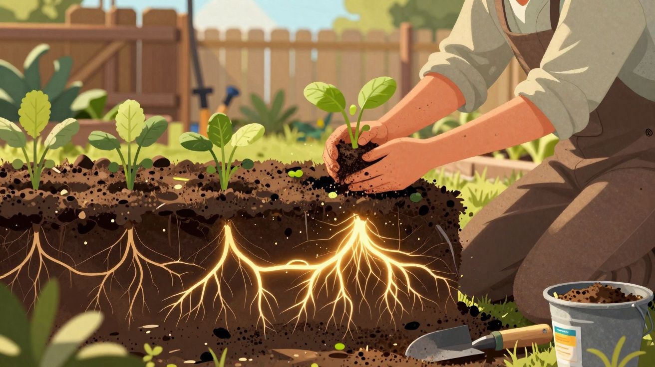 Person planting seedlings in soil showing glowing root systems underground in a garden.