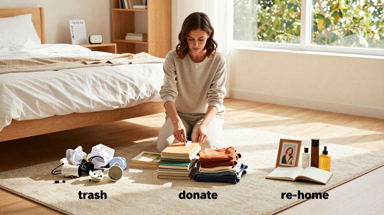 Woman organising items into piles labelled trash, donate, and re-home in a bright bedroom.