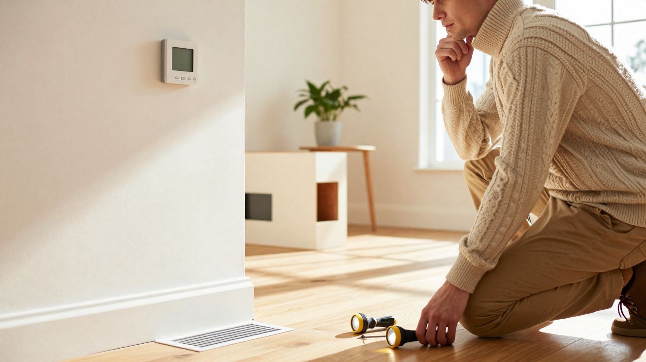 Man in beige sweater kneeling on wooden floor using a thermal camera near a vent in a sunlit room
