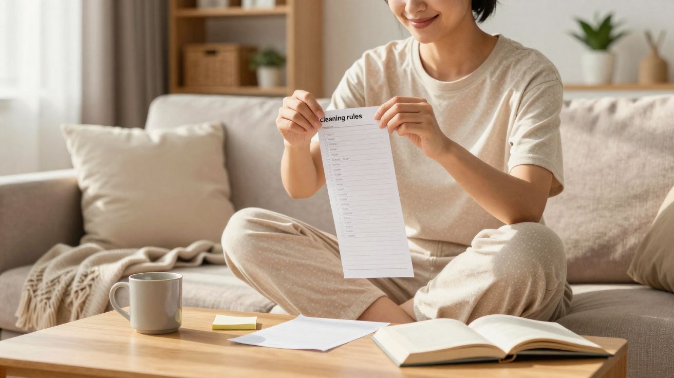 Person sitting cross-legged on a sofa holding a "Cleaning rules" list with papers and a mug on a wooden table.