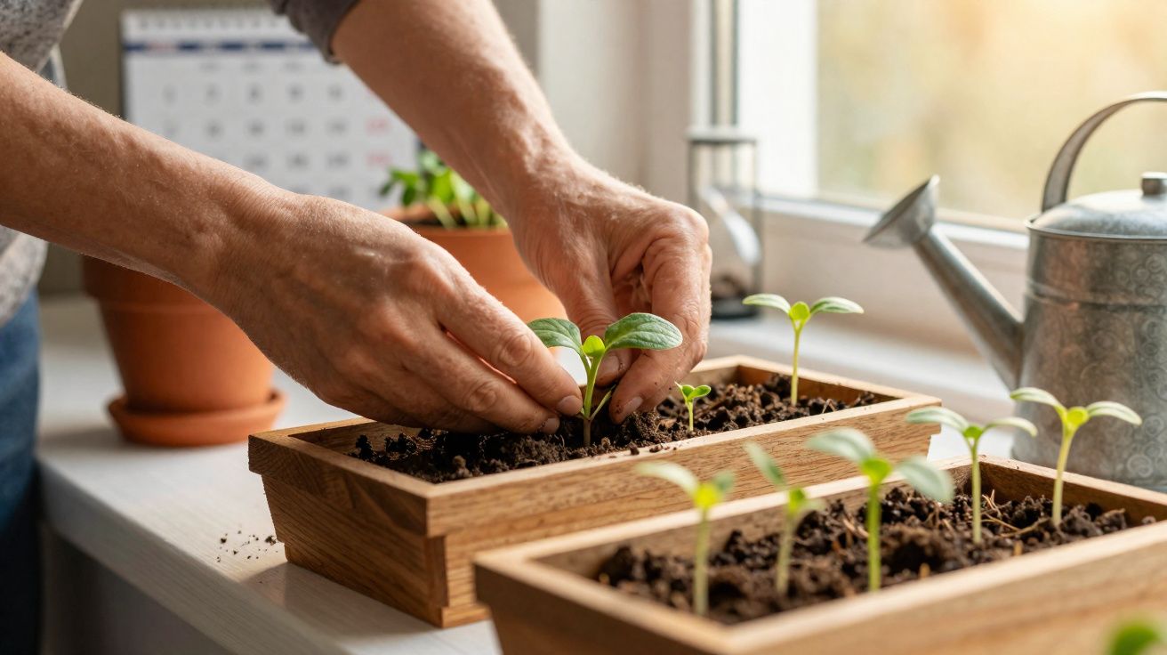 Hands planting small green seedlings in rectangular wooden planters on a windowsill with a watering can nearby.