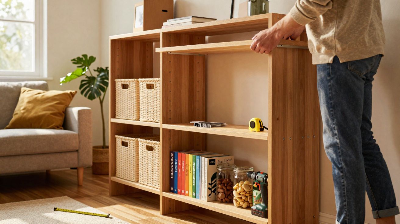 Person assembling a wooden bookshelf in a bright living room with sofa and indoor plant nearby.