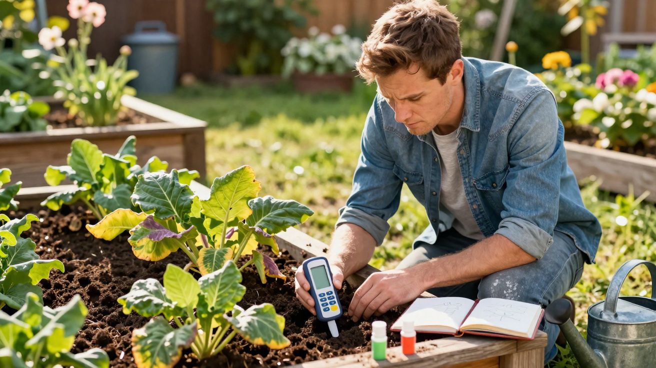 Man in denim shirt testing soil in raised garden bed with handheld meter on sunny day
