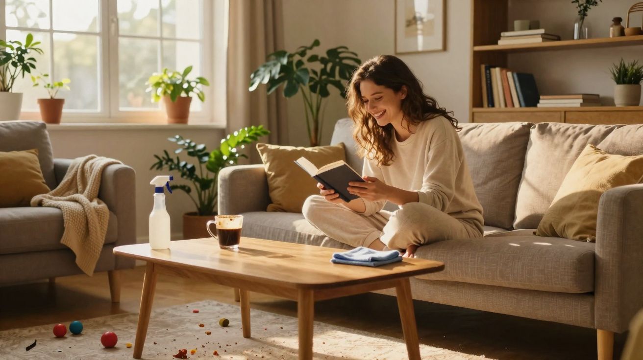 Woman sitting cross-legged on a sofa reading a book in a sunlit, plant-filled living room with a wooden coffee table.