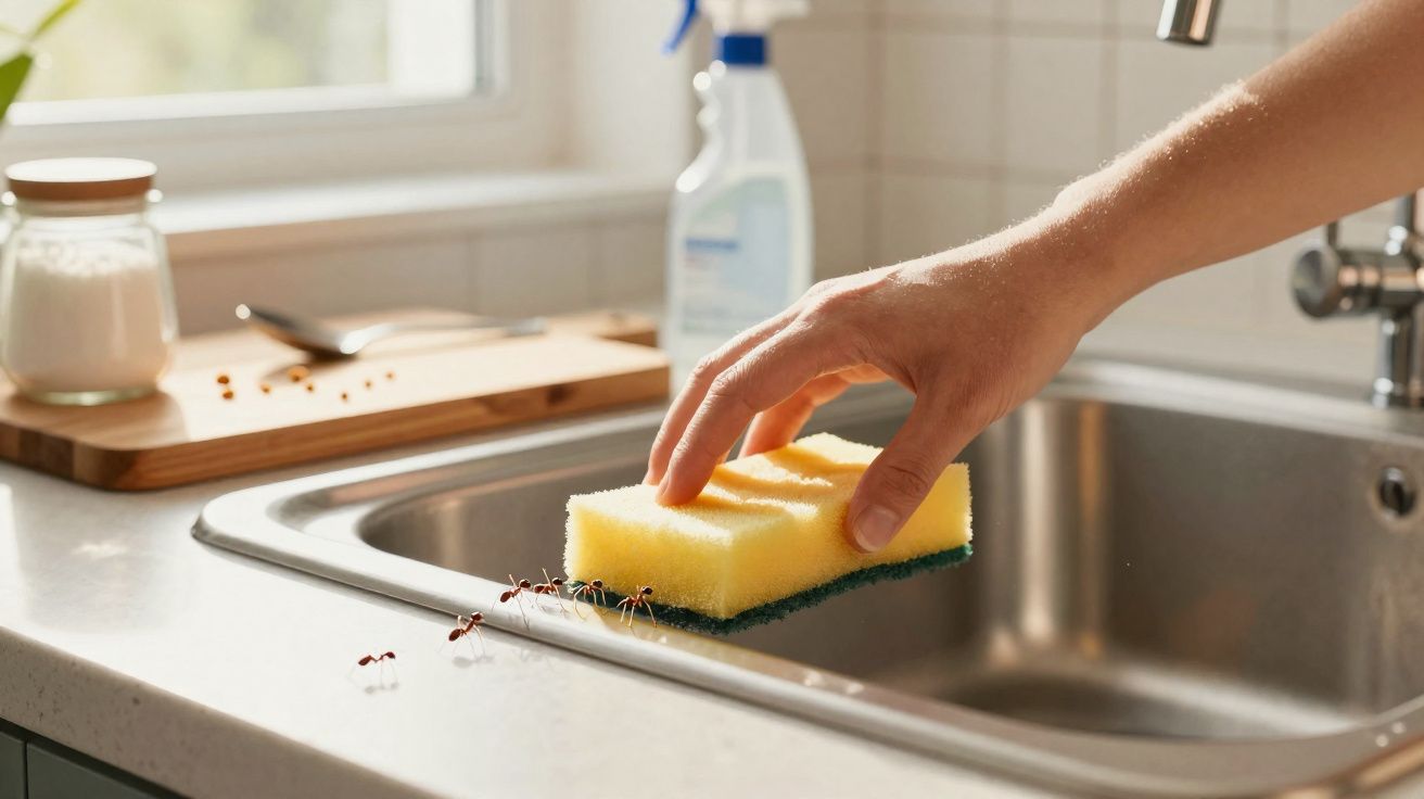 Hand using a yellow sponge at a kitchen sink with ants crawling on the countertop nearby.