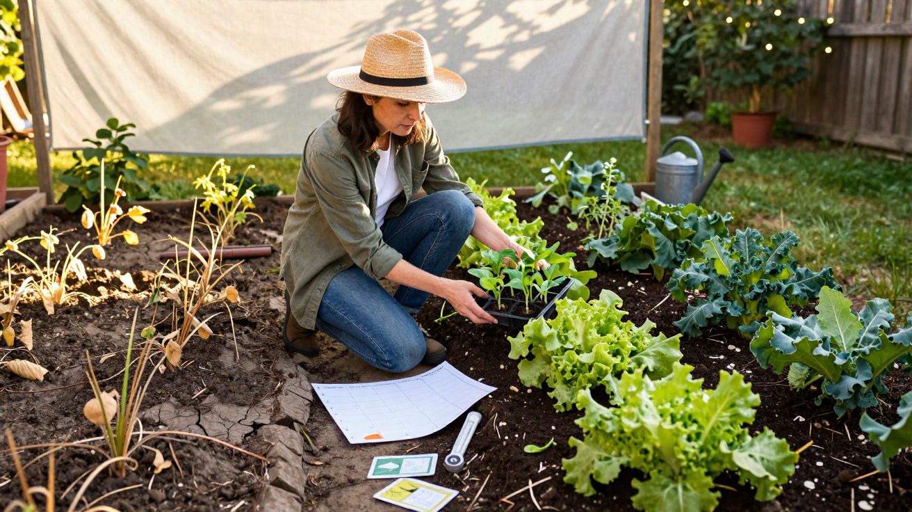 Woman wearing a straw hat planting seedlings in a vegetable garden with lettuce and kale on a sunny day.