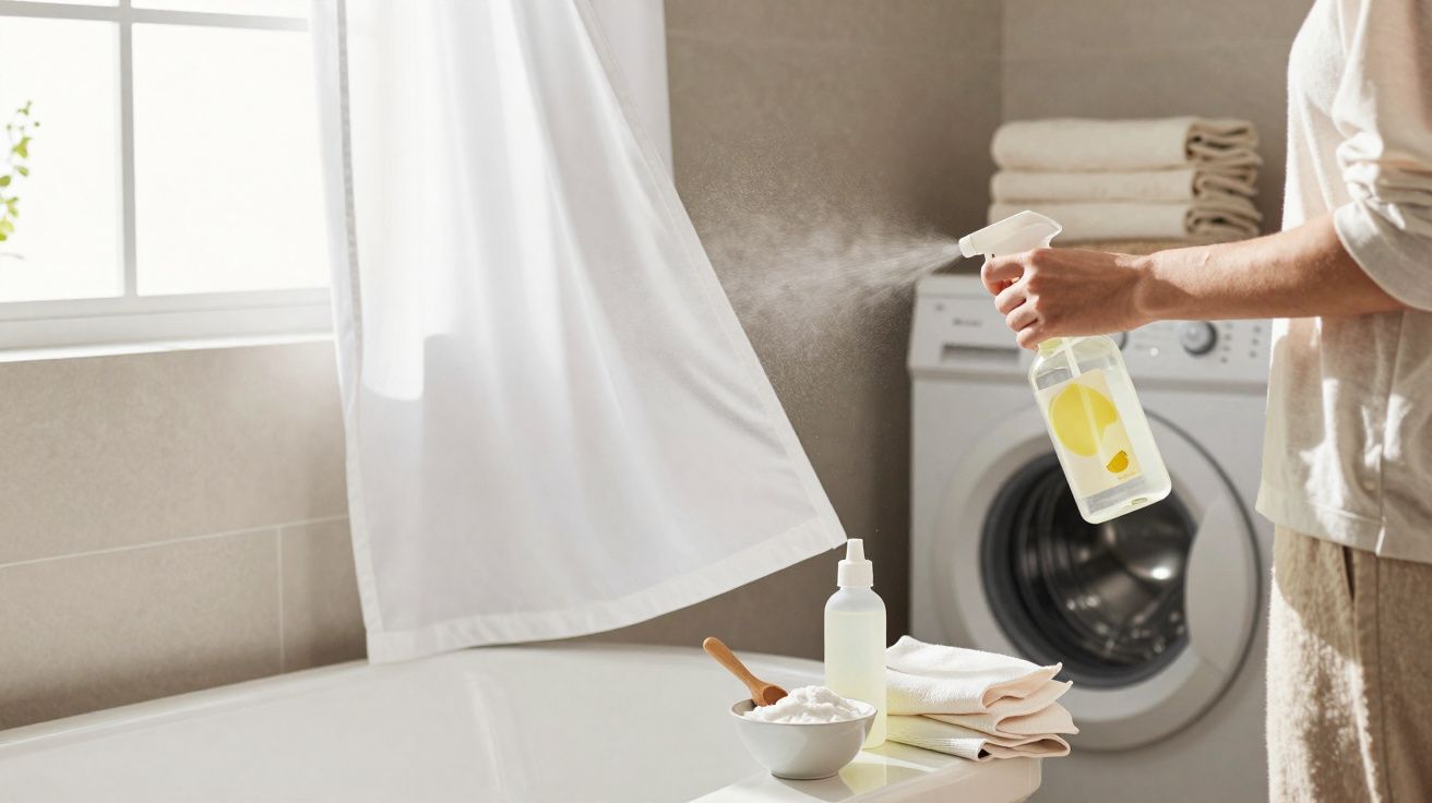 Person spraying cleaner on a white shower curtain in a modern bathroom with washing machine.