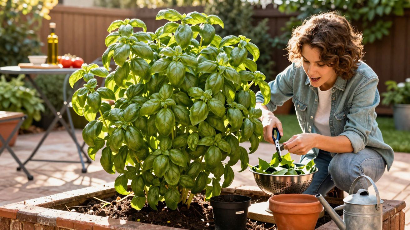 Woman harvesting fresh basil from a garden planter in a sunny backyard patio.