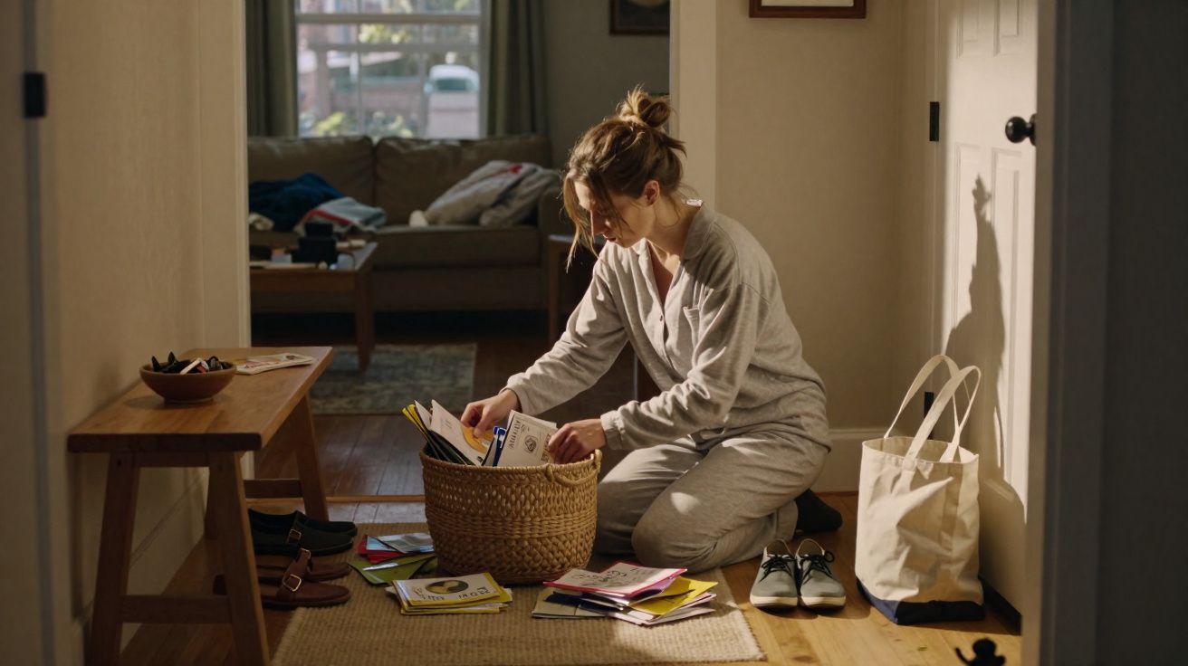 Woman in grey loungewear organising books and papers into a wicker basket in a sunlit hallway.