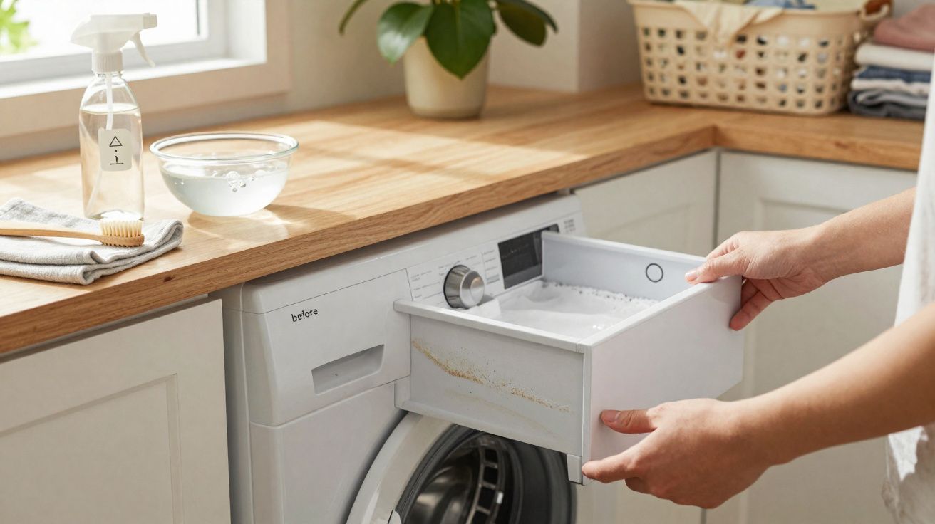 Hands holding a detergent drawer filled with soap above a front-loading washing machine in a wooden countertop kitchen.
