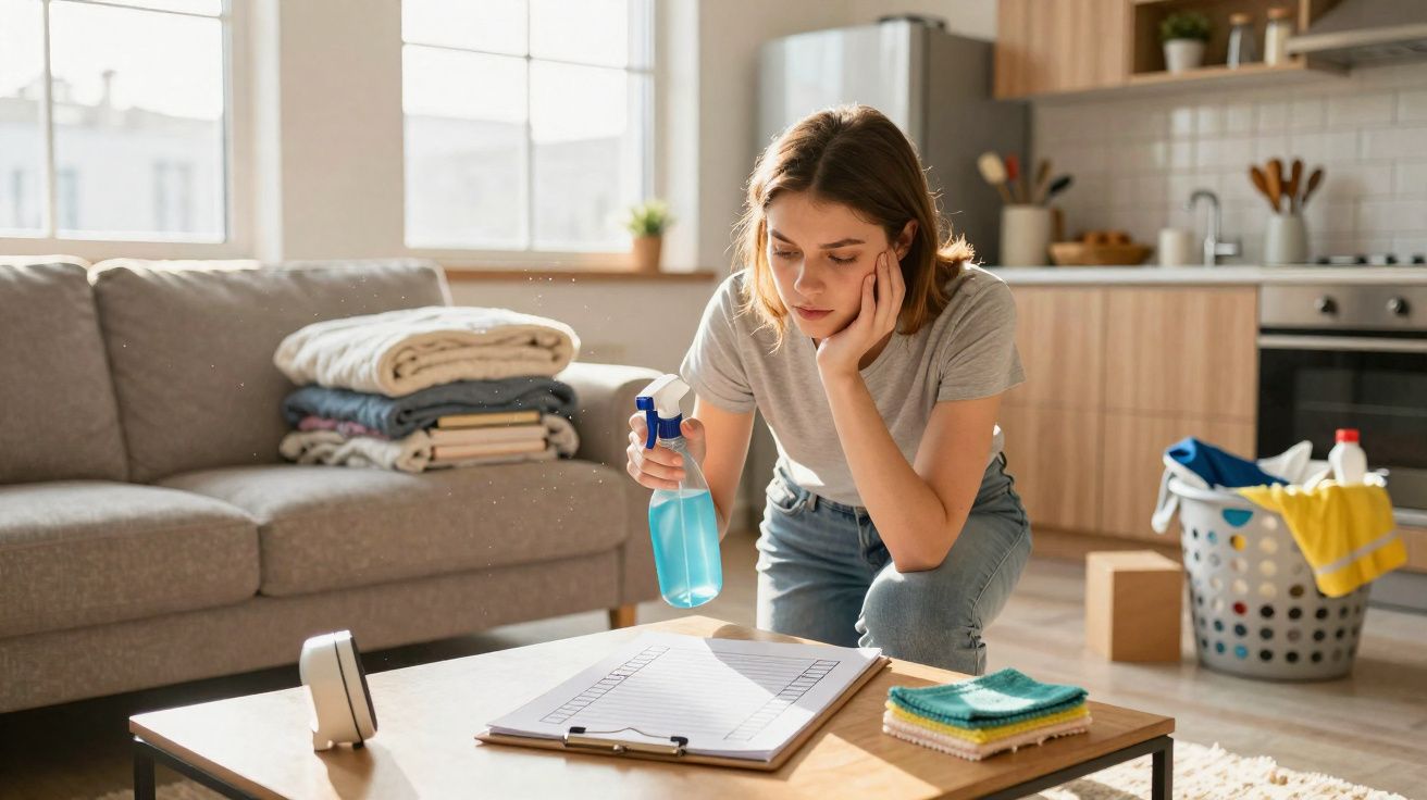 Woman holding spray bottle and following a cleaning checklist in living room with folded laundry nearby