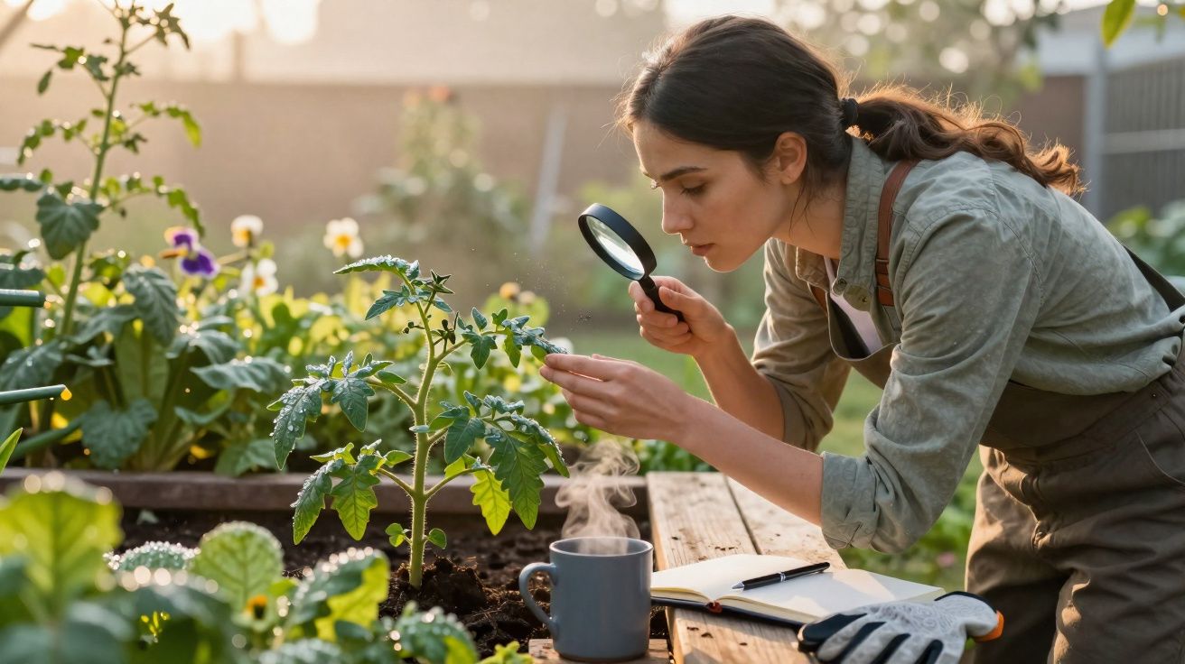 Woman using magnifying glass to inspect plant leaves in garden with notebook and gloves nearby on wooden table
