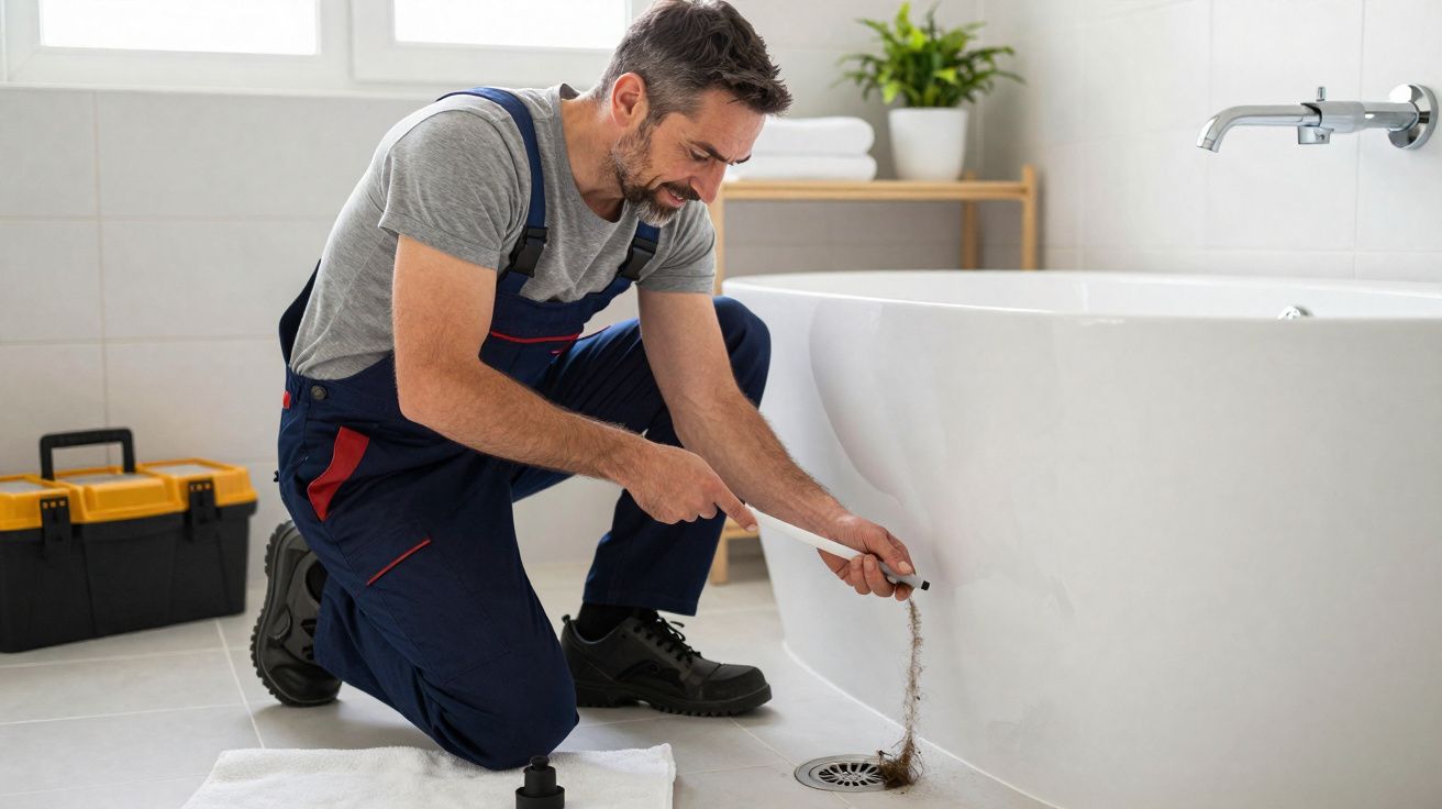 Man in overalls unclogging bathtub drain with a tool in a modern bathroom with a toolbox nearby.