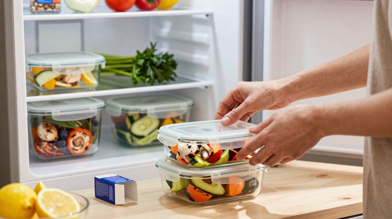 Hands placing a sealed glass container with fresh vegetables on a wooden surface next to an open fridge.