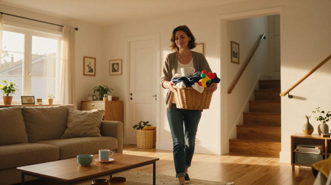 Woman carrying a basket of laundry and toys in a bright, cosy living room with wooden flooring and stairs.