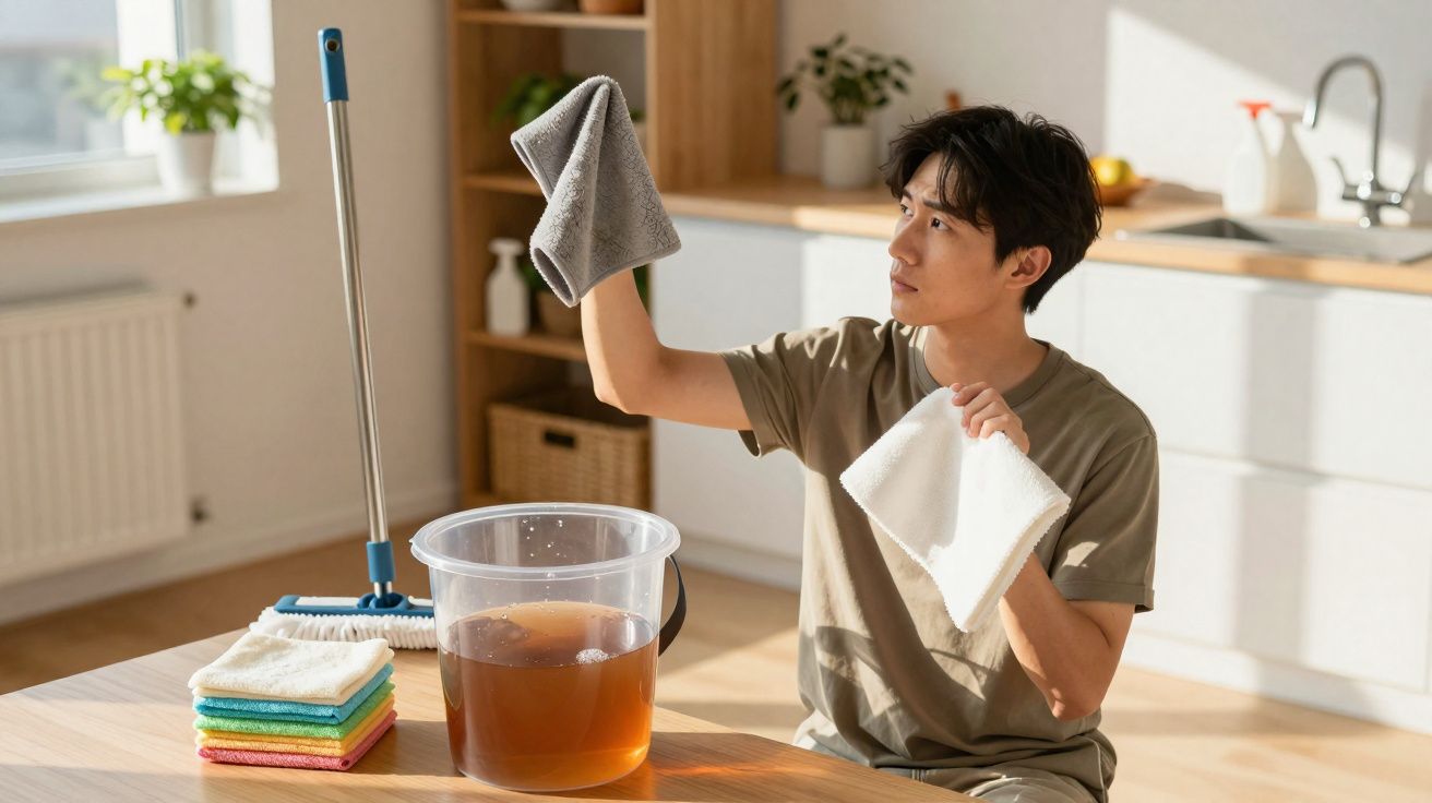 Man inspecting a cleaning cloth in a sunlit kitchen with a bucket of water and mop nearby.