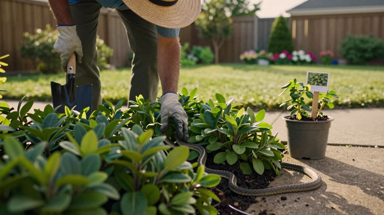 Person wearing gloves and a hat carefully handling a snake in a garden bed near potted plants.
