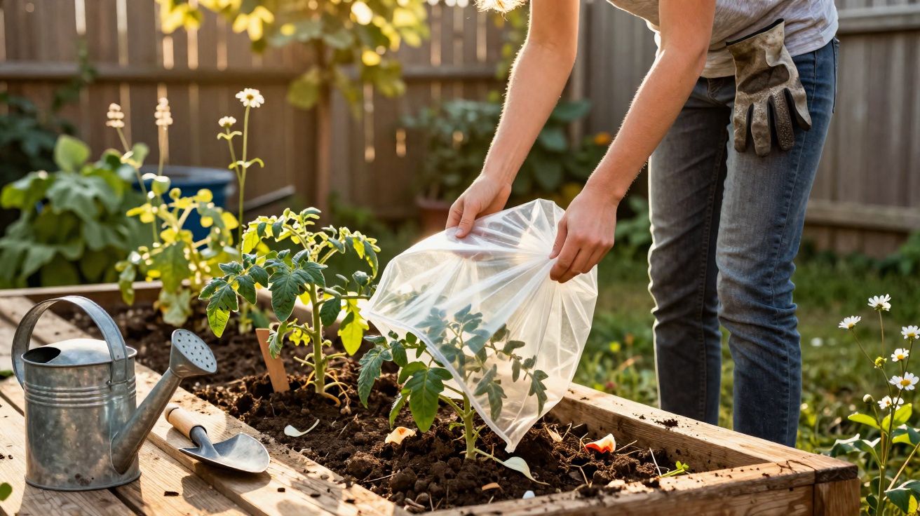 Person covering tomato plants with a clear plastic sheet in a raised garden bed during daytime.