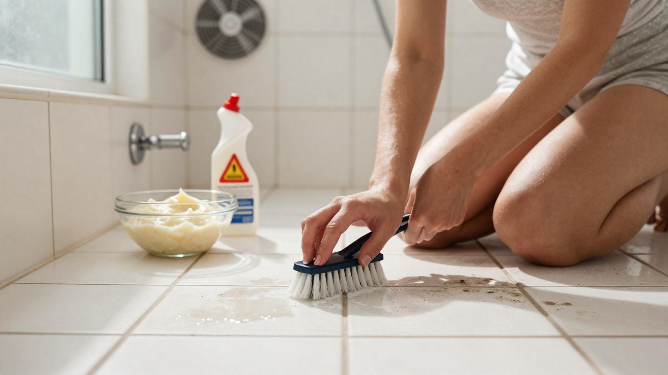 Person kneeling and scrubbing tiled floor near a bowl and cleaning product in a bathroom.