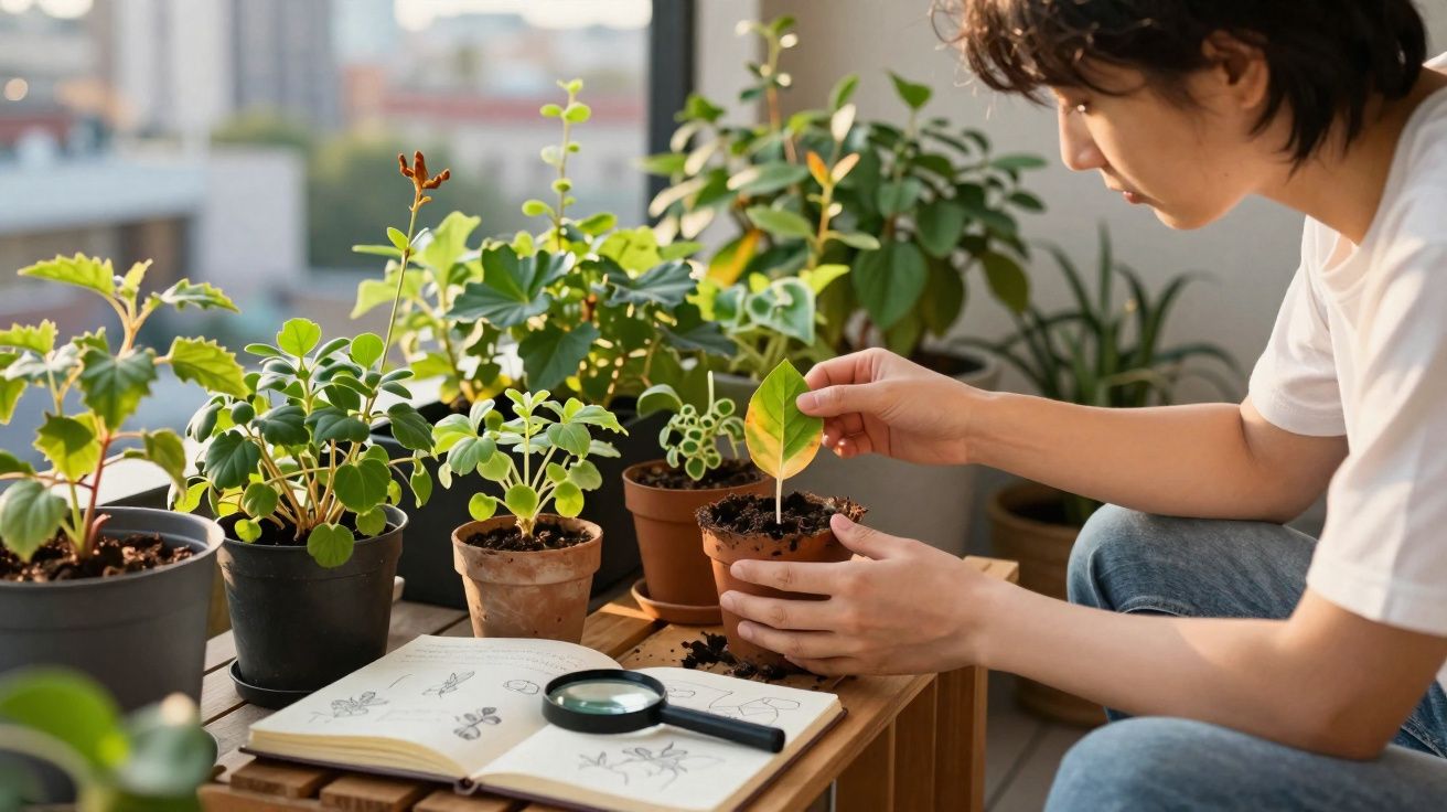 Person examining a yellowing leaf on a potted plant among various houseplants by a window.