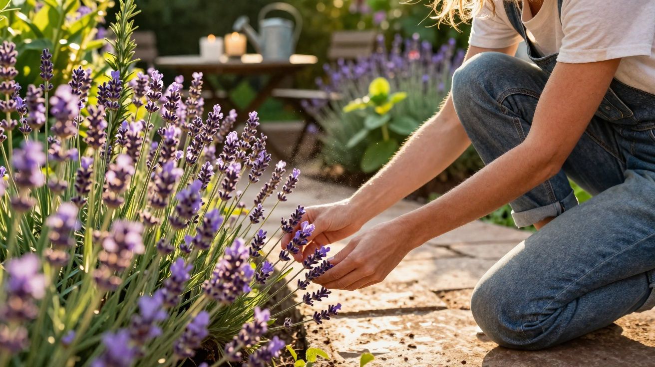 Person wearing overalls tending to a blooming lavender plant in a sunlit garden on a stone path.