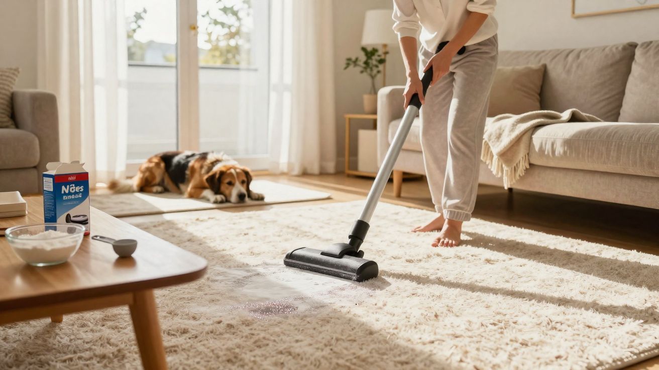 Person vacuuming a carpet in a sunlit living room with a dog lying nearby on a mat.